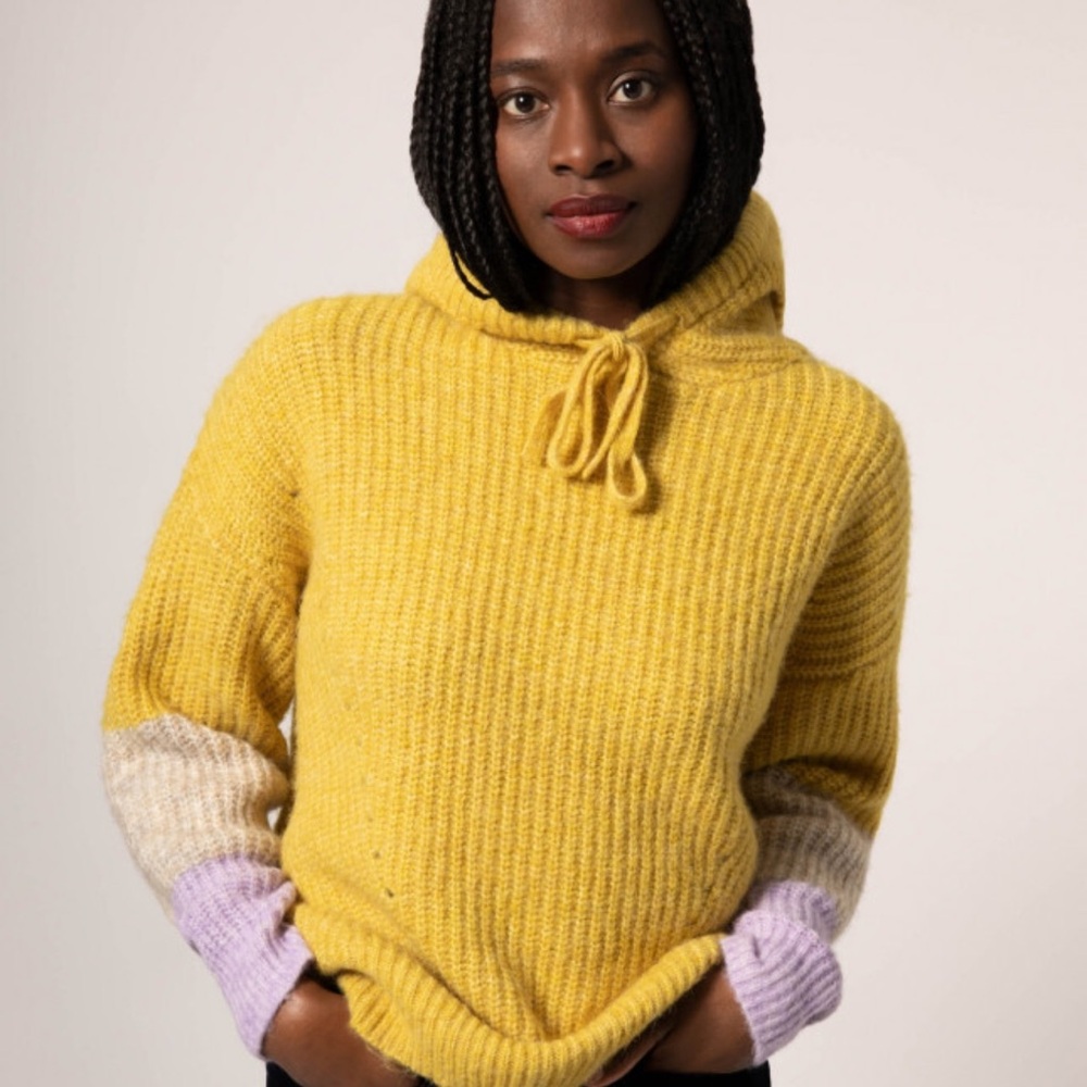 Cozy Yellow Hooded Sweater with Color Block Sleeves